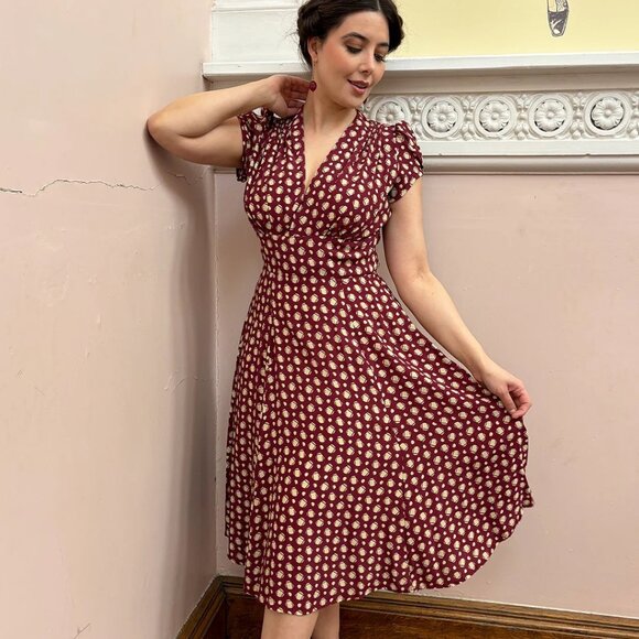 House of Foxy 1930s Ava Tea Dress in Wine Deco Dot EUC - Picture 1 of 5